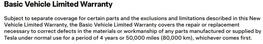 Tesla's basic warranty shown as a screenshot